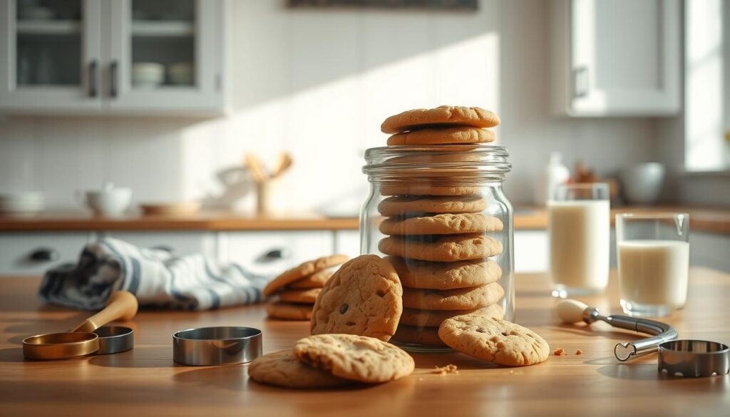 A bright, well-lit kitchen counter with a stack of freshly baked cookies arranged neatly. Soft shadows cast by the overhead lighting, giving the scene a cozy, inviting atmosphere. In the foreground, a vintage-style cookie jar with a tight-fitting lid stands ready to store the homemade treats. Surrounding the jar, a few scattered crumbs and cookie cutters allude to the recent baking session. The middle ground features a striped kitchen towel and a glass of milk, hinting at the perfect pairing for enjoying the homemade cookies. The background showcases a clean, minimalist kitchen with white cabinets and simple decor, allowing the focus to remain on the star of the scene - the tempting homemade cookies.
