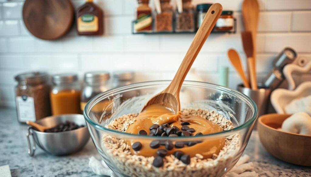 A brightly lit kitchen countertop, with various cooking utensils neatly arranged. In the foreground, a mixing bowl filled with ingredients for no-bake cookies - oats, peanut butter, honey, and chocolate chips. In the middle ground, a wooden spoon gently stirring the mixture, creating a swirling pattern. In the background, jars of spices and a clean, white subway tile backsplash, creating a sense of order and cleanliness. The lighting is soft and warm, casting a gentle glow on the scene, conveying a serene and inviting atmosphere for the step-by-step preparation of delicious no-bake cookies.