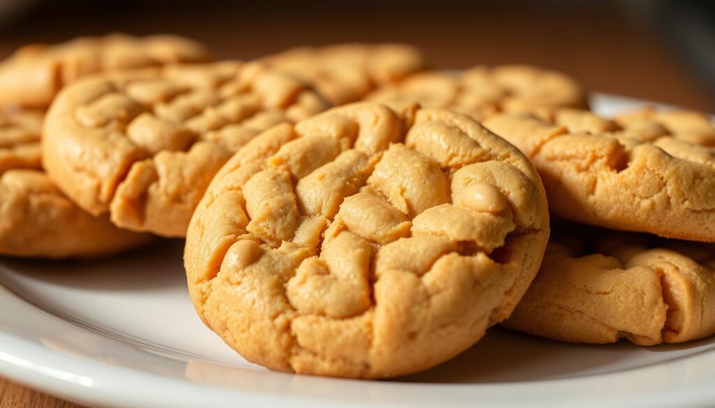 A close-up of a freshly baked batch of perfect peanut butter cookies, with a golden-brown, crisp exterior and a soft, crumbly interior. The cookies are placed on a clean white plate, with a warm, natural lighting illuminating their inviting texture and glossy sheen. The warm, comforting aroma of toasted peanuts and vanilla wafts through the air, creating a cozy, homey atmosphere. The angle is slightly elevated, capturing the cookies in an appealing and appetizing presentation, ready to be enjoyed in the comforts of a home kitchen.