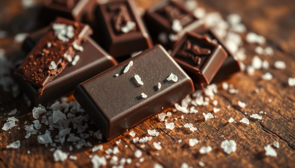 A close-up shot of a rustic wooden table showcasing a decadent pairing of rich, dark chocolate and crunchy sea salt flakes. The chocolate is presented in smooth, artfully arranged pieces, contrasted by the sparkling, crystalized salt sprinkled around it. Warm, natural lighting casts a soft, ambient glow, highlighting the luxurious textures and creating a welcoming, indulgent atmosphere. The overall composition emphasizes the harmonious blend of sweet and savory, inviting the viewer to savor the satisfying contrast of flavors.