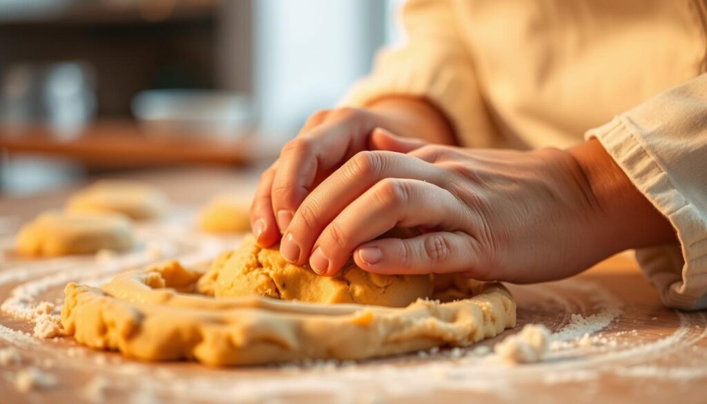 A close-up view of a baker's hands gently kneading and adjusting the consistency of freshly prepared cookie dough. The dough has a soft, pliable texture, with a warm, golden hue. The baker's fingers delicately press and fold the dough, working it to achieve the perfect balance of firmness and malleability. Warm, diffused lighting illuminates the scene, casting a cozy, homey atmosphere. The background is softly blurred, allowing the focus to remain on the hands' careful manipulation of the dough, a key step in creating the perfect holiday cookies.
