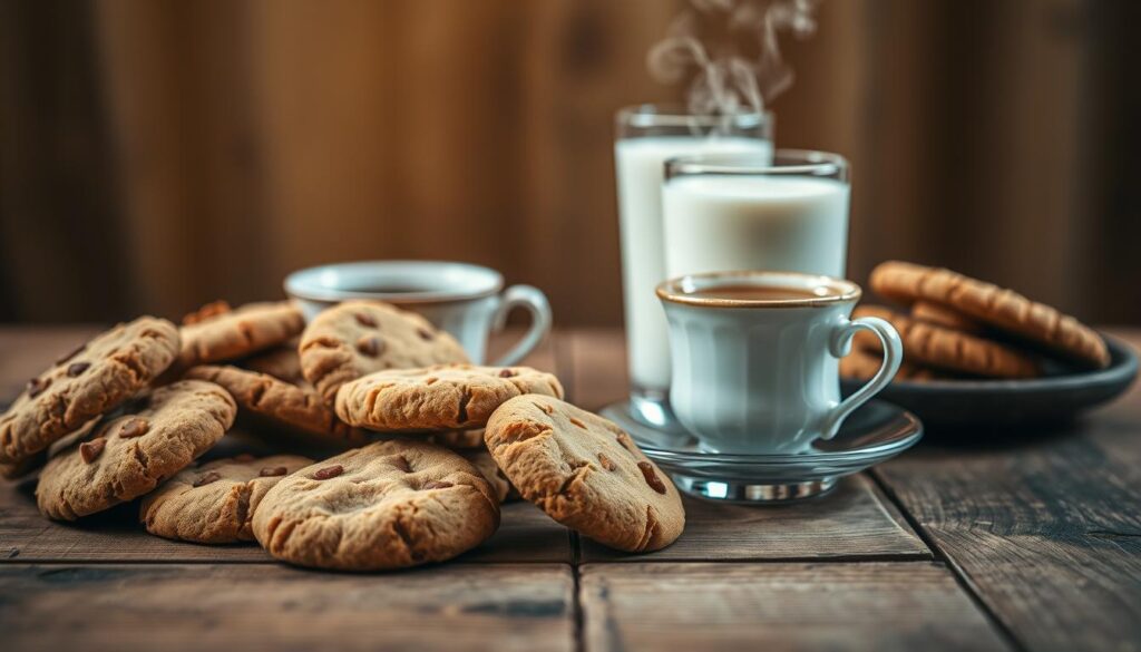 A cozy, intimate setting with a wooden table in the foreground, adorned with an assortment of freshly baked cookies and various beverages. The cookies, in different shapes and textures, are arranged artfully, their golden hues contrasting with the rustic table surface. In the middle ground, a delicate china teacup filled with a steaming, aromatic liquid stands beside a tall, frosty glass of milk. The background is softly blurred, creating a sense of depth and focus on the central elements. Warm, diffused lighting casts a gentle glow, evoking a sense of comfort and indulgence. The overall composition conveys the perfect harmony of homemade cookies and their ideal beverage pairings.