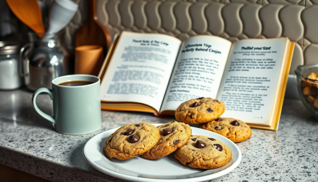 A cozy kitchen countertop, soft lighting illuminating a collection of baking tools and ingredients. In the foreground, a plate of freshly baked chocolate chip cookies, accompanied by a mug of steaming coffee. In the middle ground, an open cookbook, its pages showcasing troubleshooting tips for perfectly baked cookies: adjusting baking time, experimenting with flour-to-butter ratios, and chilling the dough for optimal texture. The background features a vintage-inspired tiled backsplash, hinting at the timeless nature of this classic recipe. The overall scene conveys a sense of warmth, comfort, and the joy of baking.