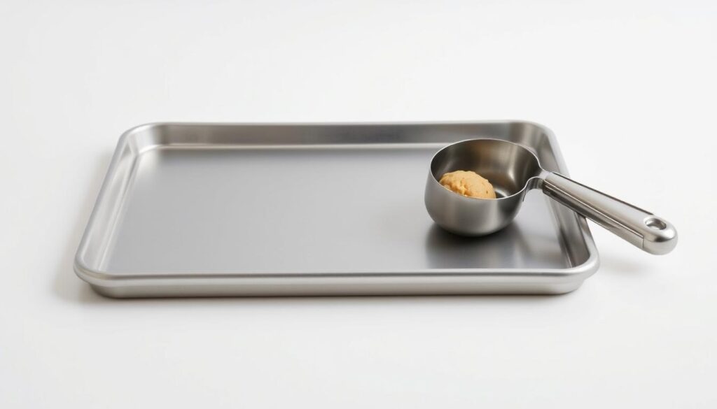 A gleaming baking sheet sits atop a clean, white surface, its edges glistening under the soft, diffused lighting. Beside it, a sleek, stainless steel cookie scoop rests, its curved handle and sharp edges ready to portion out perfectly shaped dough balls. The scene exudes a sense of culinary precision and efficiency, lending itself perfectly to the "Tools You'll Need" section of an article on the best gluten-free cookie recipe. The crisp, high-contrast lighting and clean, minimalist setting create a professional, yet approachable atmosphere, setting the stage for the delicious baking process to come.