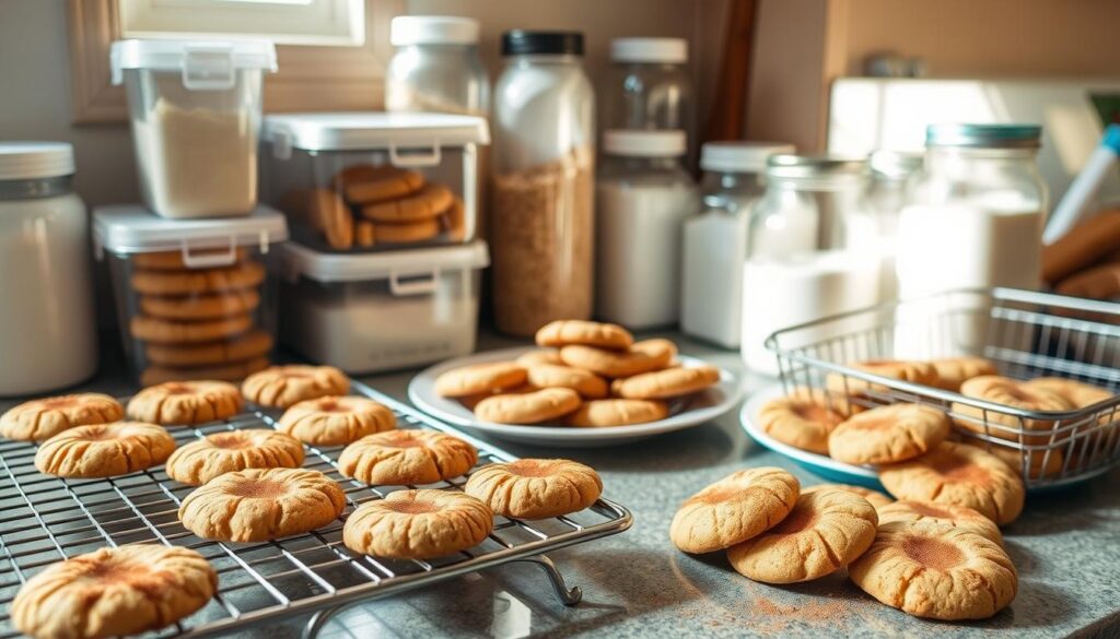 A neatly arranged countertop, bathed in warm, natural light filtering through a nearby window. In the foreground, a collection of freshly baked Snickerdoodle cookies, still slightly warm, rests on a wire cooling rack. Beside them, airtight containers of various sizes stand ready to store the cookies, preserving their soft, chewy texture and delightful cinnamon-sugar aroma. The middle ground features a plate of the cookies, some dusted with additional cinnamon, inviting the viewer to imagine their comforting flavor. In the background, jars of flour, sugar, and other baking essentials suggest the process of creating these beloved treats. The overall scene conveys a sense of homely, inviting atmosphere, perfect for enjoying the "Best Snickerdoodle Cookie Recipe - Simple & Delicious."
