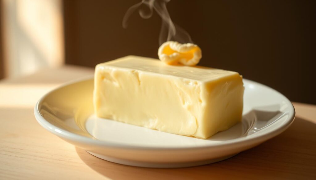 A plate of soft, creamy unsalted butter for baking cookies, close-up, backlit with warm, natural lighting, soft focus on the butter, with a smooth, velvety texture and a slight sheen. The butter rests on a pale wooden surface, with a delicate wisp of steam rising from it. The composition highlights the simplicity and quality of this essential ingredient for making delicious, homemade butter cookies.