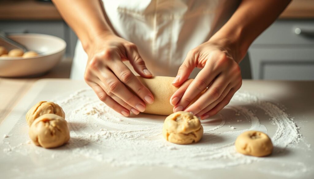 A skilled baker's hands gently rolling and shaping soft, pliable cookie dough on a pristine, lightly floured surface. Warm, natural lighting casts a comforting glow, highlighting the smoothness of the dough as it's effortlessly transformed into perfectly uniform balls, ready to be chilled and baked to golden-brown perfection. The kitchen counter is uncluttered, allowing the focus to remain on the tactile process of sculpting the dough, a crucial step in ensuring even, consistent baking for homemade cookies from scratch.