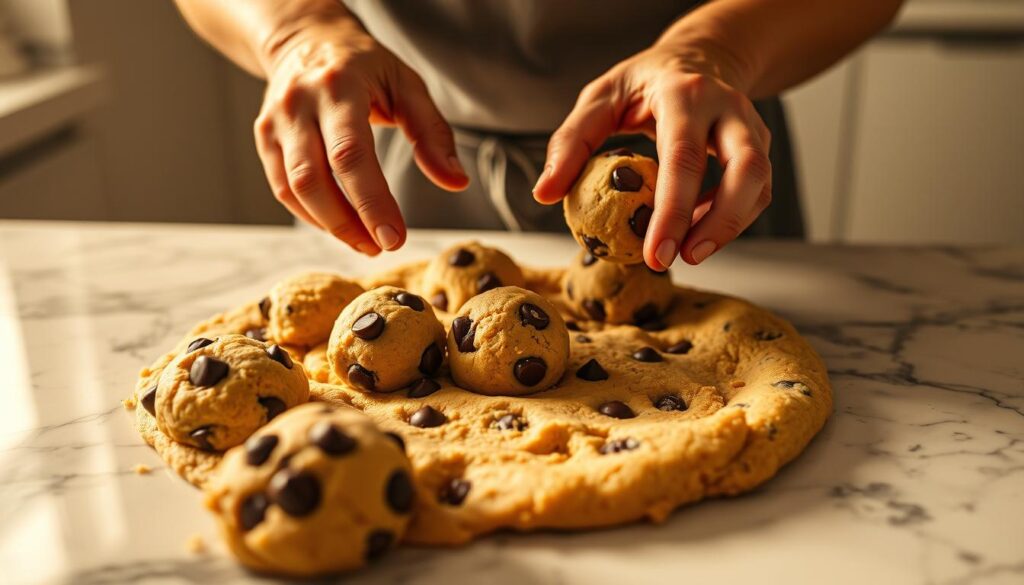 A skilled baker's hands gently shaping and molding soft, pliable chocolate chip cookie dough on a pristine marble countertop. The dough is a rich, golden-brown hue, flecked with gooey pools of melted chocolate chips. Warm, diffused lighting casts a soft, inviting glow, creating a cozy, homey atmosphere. The countertop is clean and uncluttered, allowing the tactile process of shaping the dough to be the visual focus. The camera angle is slightly elevated, providing an intimate, bird's-eye view of the hands carefully shaping the dough into evenly-sized balls, ready to be placed on a baking sheet and transformed into irresistible homemade cookies.
