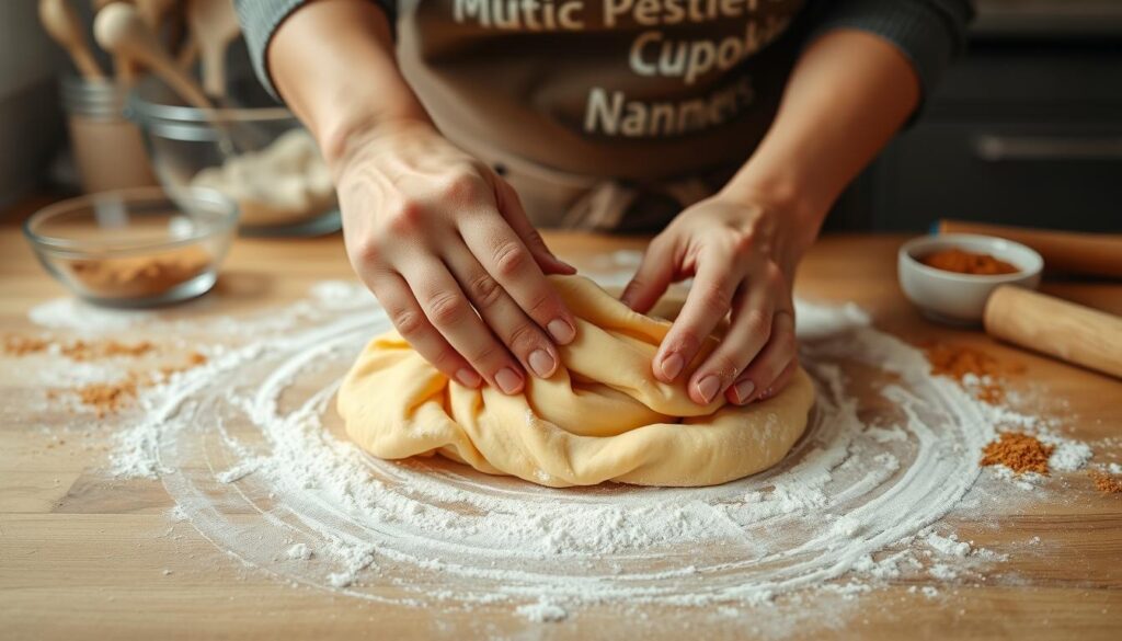 A well-lit, close-up view of a baker's hands kneading and folding a soft, pliable dough on a wooden countertop. The dough is a warm, golden hue, lightly dusted with flour. In the background, an array of baking ingredients are neatly arranged, including a mixing bowl, measuring cups and spoons, and a cinnamon-sugar mixture in a small dish. The scene conveys a sense of focused, methodical preparation, with a cozy, homey atmosphere that evokes the comforting aroma of freshly baked cookies.