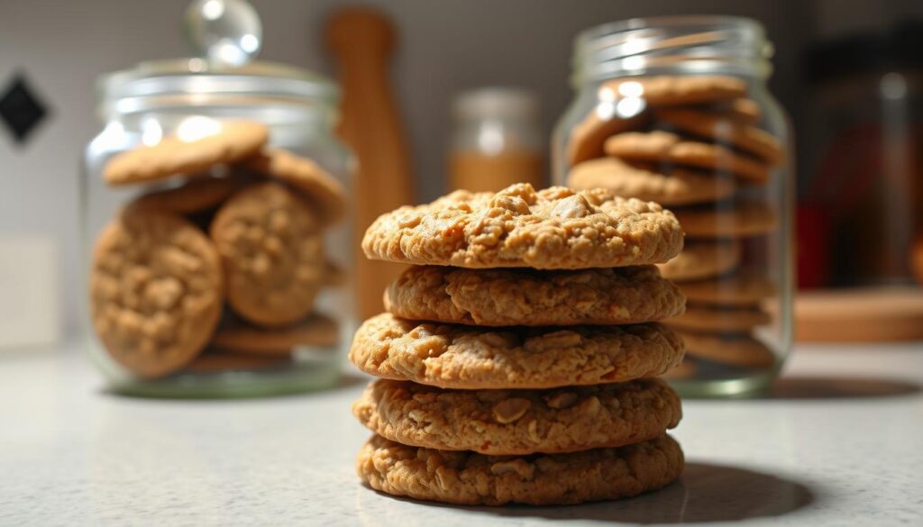 A well-lit kitchen counter displays a stack of freshly baked oatmeal cookies, their golden-brown tops glistening under a soft, natural light. The cookies are arranged neatly, their delicate edges and chewy centers visible. In the background, a glass jar filled with additional cookies stands ready to be sealed, preserving their irresistible flavor and texture. The scene conveys a sense of domestic comfort and the satisfying process of storing homemade treats, inviting the viewer to imagine the delightful aroma and satisfying taste of these classic oatmeal cookies.