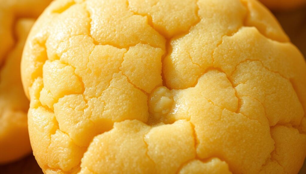 Close-up of a perfectly baked lemon cookie, with a soft and chewy interior and a delicate golden-brown exterior. The cookie's surface is dotted with small cracks, creating a beautifully textured pattern. Warm, natural lighting accentuates the cookie's tantalizing sheen, casting gentle shadows that highlight its soft, pillowy form. The image is captured with a macro lens, emphasizing the cookie's intricate details and inviting the viewer to imagine the satisfying bite and burst of citrusy flavor.