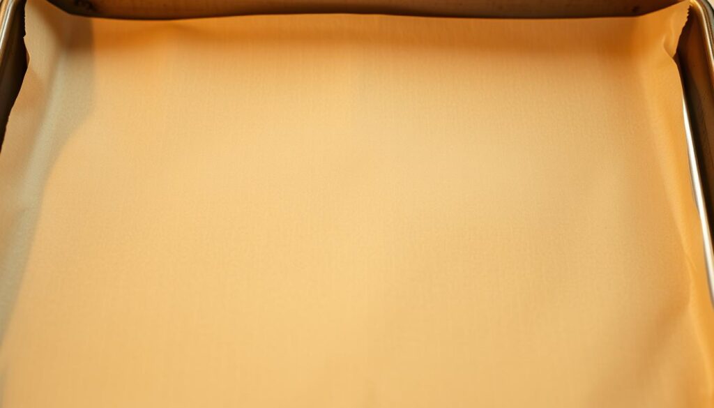 Crisp, parchment paper with delicate golden hues, carefully arranged on a pristine, metal baking sheet. The sheet reflects the warm, ambient lighting, casting a soft, natural glow that accentuates the paper's subtle textures. The composition is balanced, with the parchment paper taking center stage, hinting at the delicious treats soon to be baked upon its surface. A sense of anticipation and culinary potential fills the frame, inviting the viewer to imagine the buttery, melt-in-your-mouth cookies that will emerge from this simple, yet essential, baking setup.