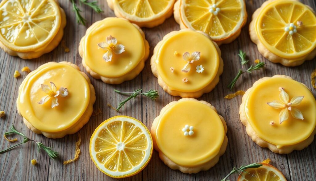 Delicate, freshly baked lemon cookies, adorned with vibrant yellow icing and delicate, edible floral decorations. The cookies are artfully arranged on a rustic wooden surface, bathed in soft, natural lighting that accentuates their mouthwatering texture. Intricate patterns of lemon zest, candied lemon slices, and delicate sprigs of fresh herbs add depth and visual interest, creating a visually stunning and appetizing display. The overall scene evokes a sense of springtime freshness and homemade charm, perfectly suited to illustrate the "Decorating Ideas for Lemon Cookies" section of the article.