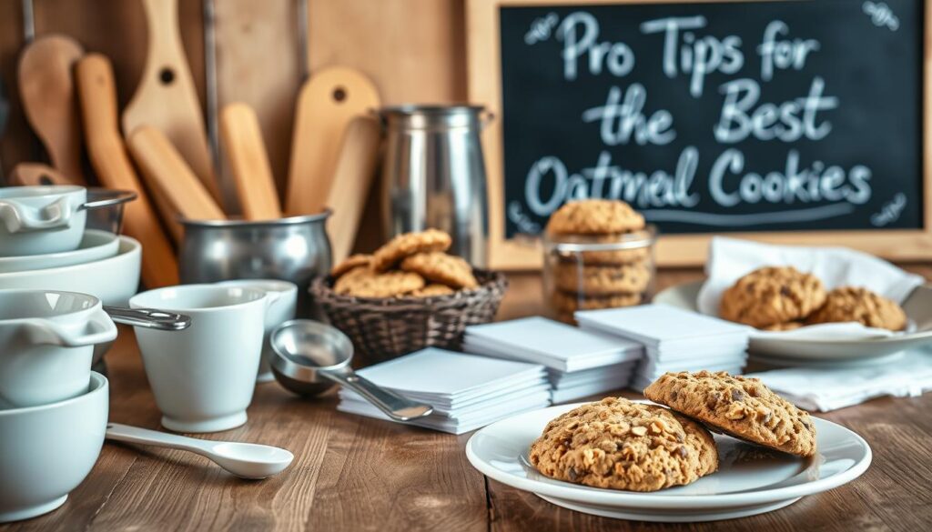 Detailed, high-quality image of a wooden baking counter with various baking supplies and ingredients for making oatmeal cookies. In the foreground, display a clean, well-lit set of mixing bowls, measuring cups, and spoons. In the middle ground, showcase a plate of freshly baked oatmeal cookies along with a stack of recipe cards. In the background, include a chalkboard or whiteboard with the section title "Pro Tips for the Best Oatmeal Cookies" written in an elegant, handwritten style. Lighting should create a warm, inviting atmosphere with a soft, natural feel. Use a wide-angle lens to capture the entire scene in sharp focus.