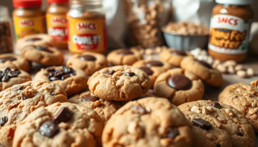 Peanut butter cookie variations, a delectable display of textures and flavors. In the foreground, a cluster of freshly baked cookies, their golden-brown surfaces dotted with crunchy peanut pieces and a drizzle of melted chocolate. Surrounding them, an array of tempting alternatives, from peanut butter and jelly sandwich cookies to peanut butter oatmeal cookies with a hint of cinnamon. The middle ground showcases a plate of peanut butter blossoms, their chocolate centers peeking through. In the background, a soft-focus arrangement of ingredients - jars of peanut butter, bags of flour, and a scattering of peanuts, all bathed in warm, diffused lighting, creating a cozy, homemade atmosphere.