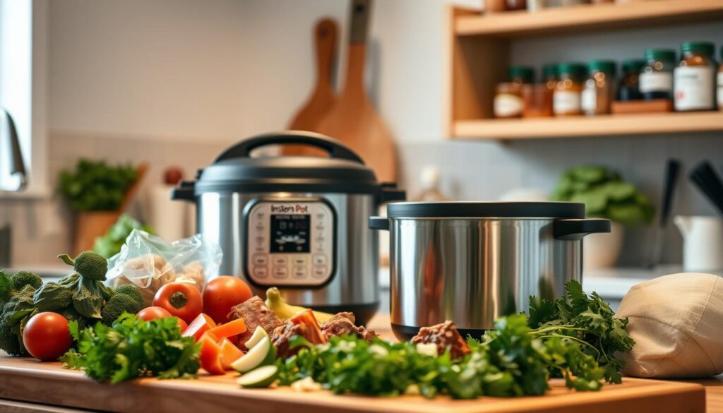 Prompt A warm, cozy kitchen interior with a stainless steel Instant Pot on the counter, surrounded by an assortment of fresh ingredients for a hearty beef stew. The stew is simmering in the Instant Pot, its aroma filling the air. Soft, indirect lighting casts a gentle glow, creating a welcoming atmosphere. In the foreground, a wooden cutting board with chopped vegetables and herbs, while in the background, shelves display jars of spices and other pantry staples. The scene conveys the ease and convenience of preparing a delicious, nourishing meal quickly with the Instant Pot.
